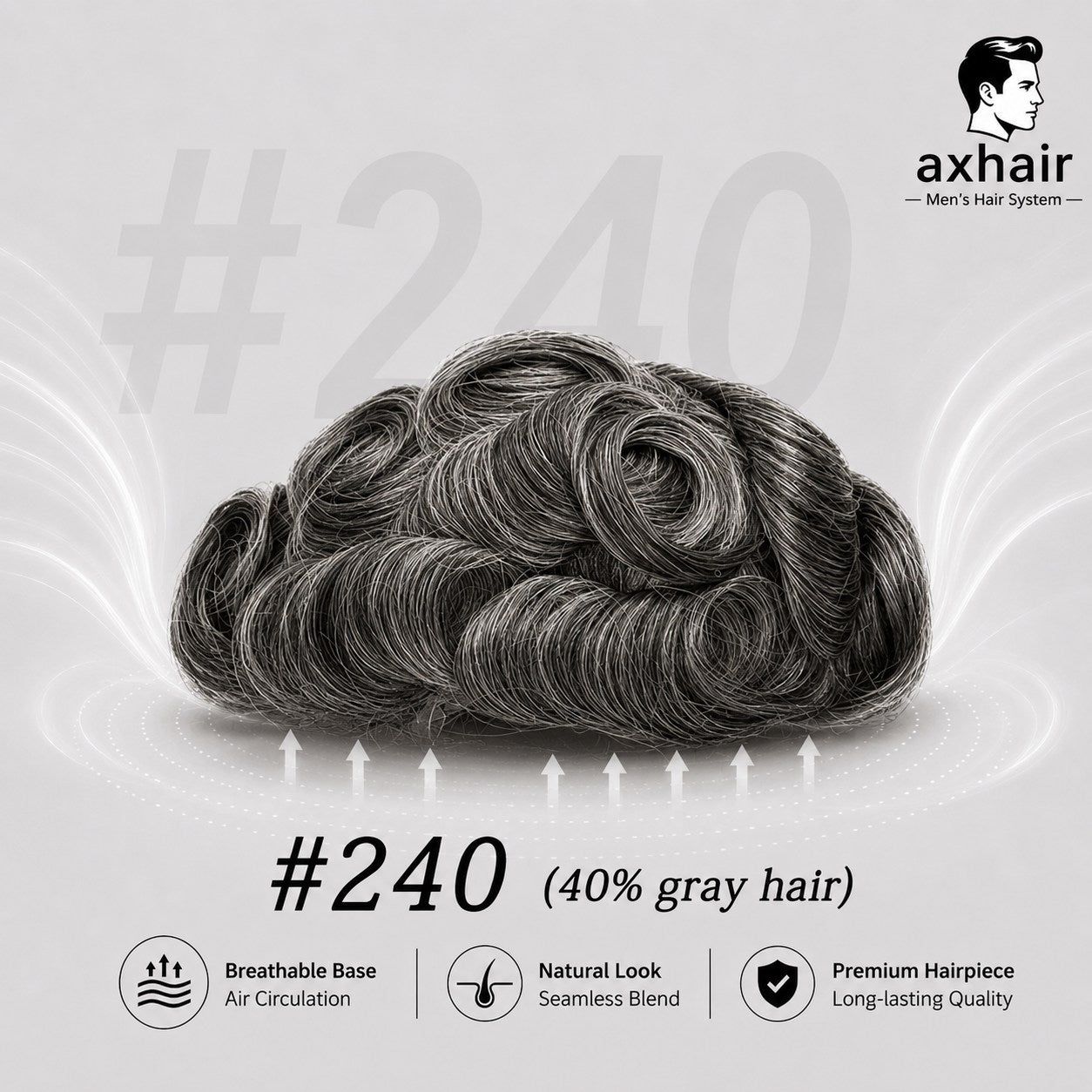 Men's toupee hairpiece, gray wavy curls, #240 (40% gray hair)